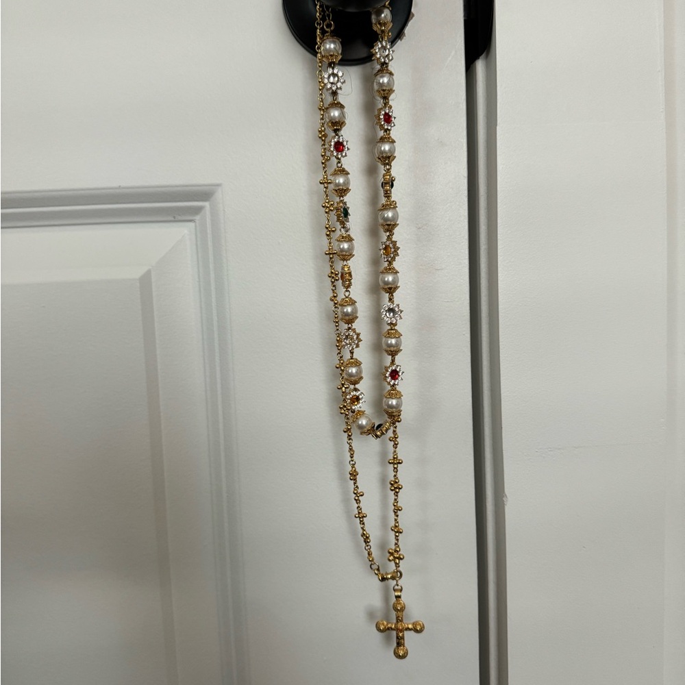 Elegant Gold and multi color Beaded Necklace with Cross Pendant (send offers) - Picture 3 of 3